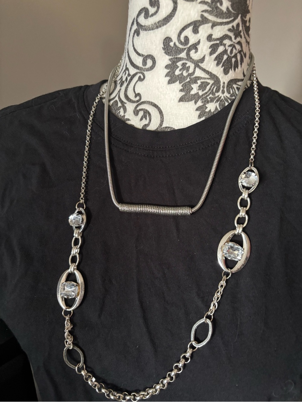 Source Unknown Silver Crystal Layered Statement Necklace